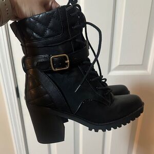 Express Black Lace-Up Boots with Gold Buckle